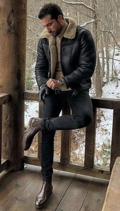 Mens Cream Turtleneck Outfit, Winter Leather Jacket Outfit Men, La Outfits Men, Mens Winter Date Night Outfit, Men’s Cold Weather Outfits, Shearling Jacket Outfit Men, Men’s Night Out Outfit, Mens Winter Outfits Classy, Dad Style Men's Fashion