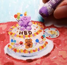 a painting of a birthday cake with teddy bears on it