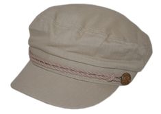 a beige hat with braids on the side and a brown button at the top