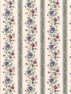 a striped wallpaper with flowers and leaves on the border, in pinks and blues