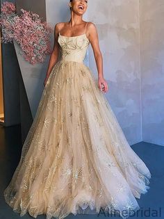 Prom Dresses Sparkly, Split Prom Dresses, Champagne Prom Dress, Elegant Prom, Prom Dresses With Pockets, Spaghetti Strap Prom Dress, Elegant Prom Dresses, Custom Size Dresses, Tulle Prom Dress