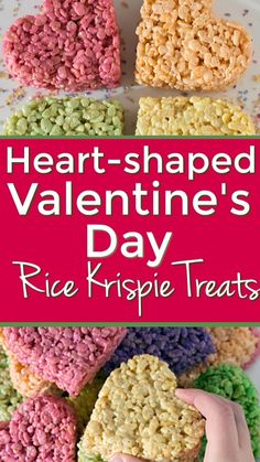 heart shaped valentine's day rice krispie treats on a white plate with pink border