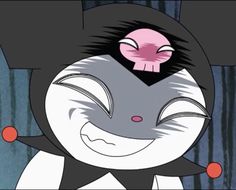 a cartoon character with black hair and pink eyes