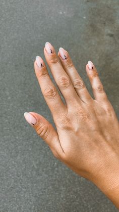 nude nails with three black dots Nails With Black Dots, Long Almond Shaped Nails, Nails Black Almond, Black Dot Nails, Gel Nails Black, Nail Design Black, Short Almond Shaped Nails, Almond Shaped Nails Designs, Nail Art Short