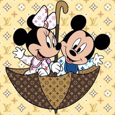 two mickey and minnie mouses in an umbrella