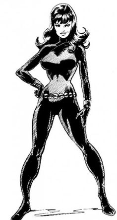 a black and white drawing of a woman in a cat suit with her hands on her hips