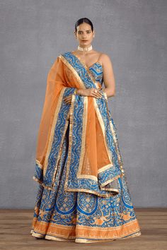 Orange Dupatta, Strappy Blouse, Gota Embroidery, Orange Lehenga, Printed Lehenga, Bridal Dupatta, Indian Bride Outfits, Persian Blue, Pattern Embroidery