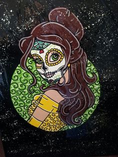 a painting of a woman with long hair and sugar skull makeup