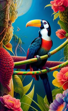 a painting of a toucan sitting on a branch with flowers and plants around it