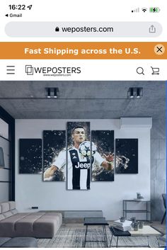 a living room filled with furniture and pictures on the wall above it is an image of a man holding a soccer ball