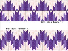 two rows of purple and white quilts with the words del men's runner on them