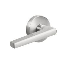 an image of a bathroom door handle in brushed steel finish with white trim on the side