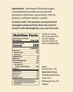 the back side of a chocolate bar with information about ingredients and instructions to make it