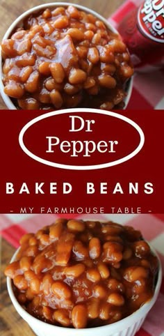 baked beans in a white bowl on top of a table next to a can of dr pepper