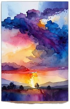 watercolor painting of sunset with clouds and trees