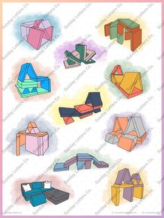 an image of different shapes and sizes of origami paper toys on a white background