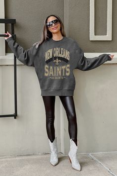 NEW ORLEANS SAINTS LONG WEEKEND PREMIUM FLEECE DROP SHOULDER CREWNECK PULLOVER Bold Logo Design, Gameday Couture, Nfl Logo, Crewneck Design, Easy Street, The Deal, Shoulder Design, Charcoal Color, Long Weekend