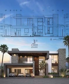 an architectural rendering of a modern house with palm trees and blueprints on the front