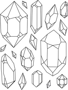 the different shapes and sizes of crystals are shown in black and white, as well as an