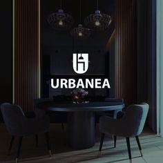 the logo for urbanea is displayed in front of a dining room table and chairs