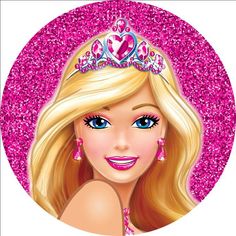 a barbie doll wearing a tiara with pink sparkles on it's head