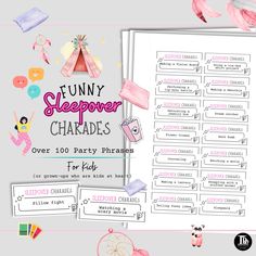 an image of a poster with the words fun sleepover charadess over 100 party phrases