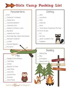 the girl camp packing list is filled with items to pack into her bag, including a canoe