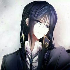 an anime character with long black hair wearing a suit and tie, holding a pipe