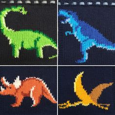 four different knitted pictures of dinosaurs