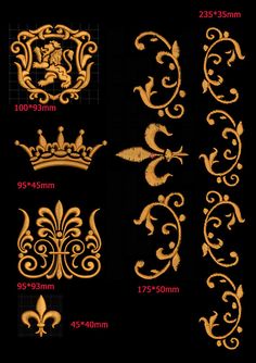 the different designs and sizes of decorative wall hangings in gold color on black background