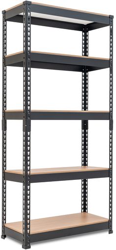 four tier shelving unit with wood shelves and metal brackets on the bottom half of each shelf