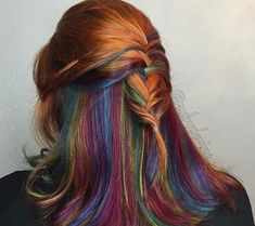 Auburn Hair With Color Blocking, Copper And Vivid Hair, Multicolor Peekaboo Hair, Jewel Tone Rainbow Hair, Red Rainbow Hair, Muted Rainbow Hair, Copper Peekaboo Hair, Peekaboo Rainbow Hair, Rainbow Hair Underneath