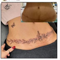 a woman's lower back tattoo with leaves and butterflies on her stomach, before and after it has been inked