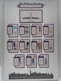 a white board with purple and black pictures on it's sides, along with other things