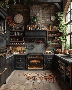 an old fashioned kitchen with lots of pots and pans on the stove top, surrounded by greenery