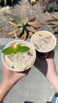 two people holding up cups with ice cream and mint