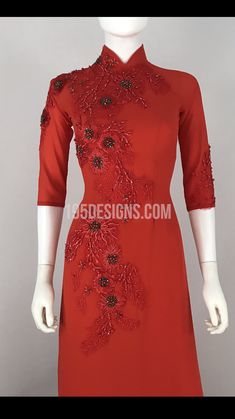 Red Fabric Ao Dai Lotus Llower Modern Lunar New Year | Tết Cách Tân Áo Dài Vải Gấm – 195 Designs Elegant Red Ao Dai For Evening, Elegant Red Ao Dai For Festive Occasion, Vietnamese Ao Dai, Lunar New Year, Red Fabric, Lunar New, Cold Shoulder, Lotus, Shoulder Dress