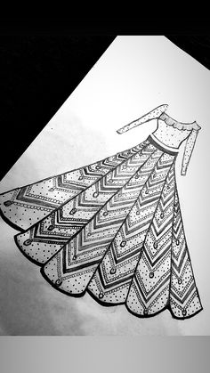 a black and white drawing of a woman's dress with long feathers on it