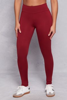 Leggings, High Waisted, Solid, Brushed Knit, Item Number 3066001445681 Red Elastane Yoga Tights, Red Elastane Tights For Yoga, Red Yoga Tights, Red Stretch Elastane Leggings, Tight Red Elastane Leggings, Red Stretch Leggings, Red Stretch Yoga Bottoms, Red Seamless Yoga Leggings, Red Fall Leggings For Loungewear