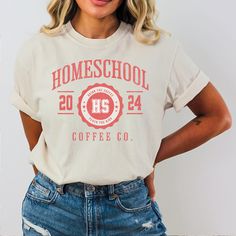 Pre-shrunk Retro School Shirt, Preppy Letter Print School Top, Coffee Shirt Design, Homeschool Shirts, University Style, Coffee Shirt, School Png, Coffee Shirts, Home School