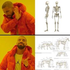 a man in an orange jacket is holding his hands to his face and looking at the skeleton