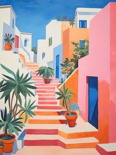 an oil painting of steps leading up to buildings with potted plants on either side