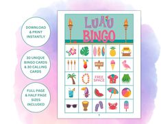 the luau bingo game is shown on a watercolor background