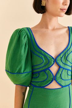 Indowestern Dress, Printed Dresses, Bias Tape, Farm Rio, Embroidery Dress, Green Fashion, Fashion Details, Guest Dresses, Green Dress