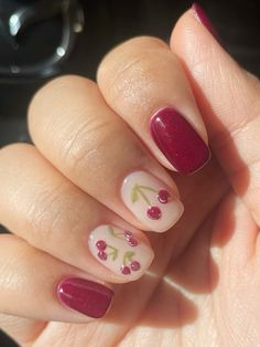 Medium Nails Simple, Nail Inspo Cherry, Chinese Nails, Cherry Nail Art, Beauty Hacks Nails, Red Nail Art, Hippie Nails, Red Polish, Cherry Nails