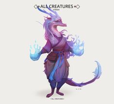 an all creatures character is standing in front of a white background with blue and purple colors