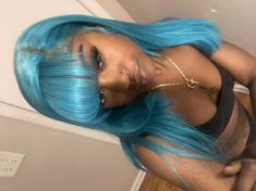 Teal Hair With Bangs, Light Blue Hair Black Women, Mint Blue Hair, Blue Hair Black Women, Blue Wig With Bangs, Baby Blue Hair, Hair Stripes, Cute Wigs, Light Blue Hair