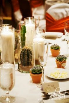 the table is set up with candles and succulents for an elegant dinner