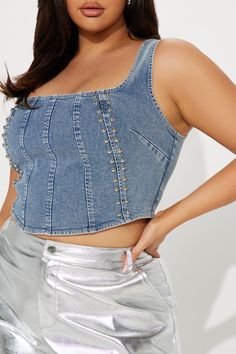 Available In Medium Wash. Denim Corset Top Sleeveless Square Neck Studded Detail Back Zipper Closure Washed Cropped Stretch Disclaimer: Due To The Wash Process, Each Garment Is Unique. 64% Cotton 34% Polyester 2% Spandex Imported | Step It Up Washed Denim Corset Top in Medium Wash by Fashion Nova