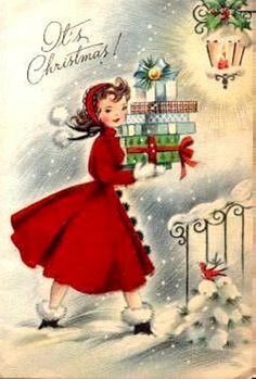 an old fashioned christmas card with a girl carrying presents